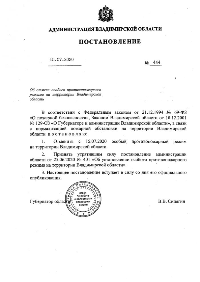Об отмене особого противопожарного режима на территории Владимирской области