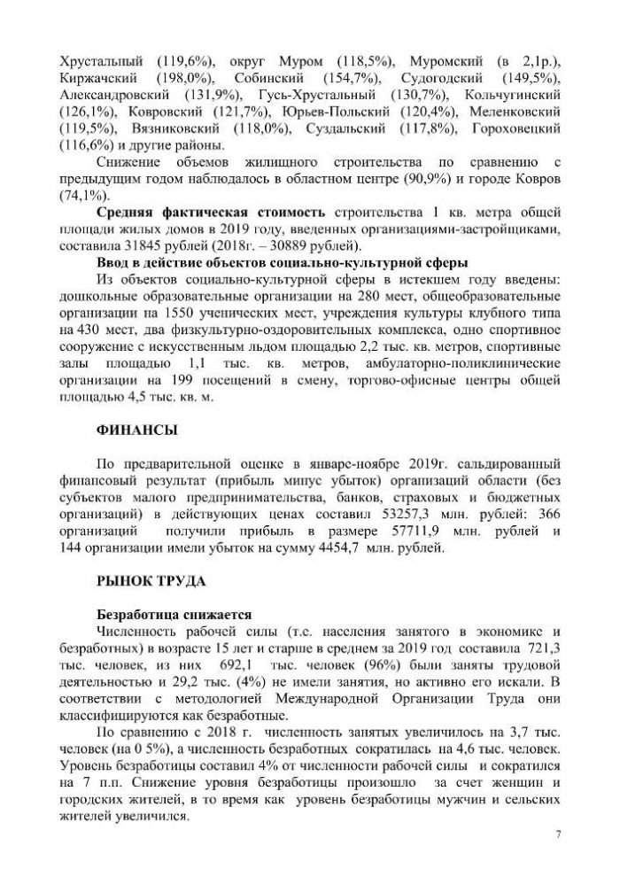 Главные цифры социально-экономического развития  Владимирской области в 2019 году